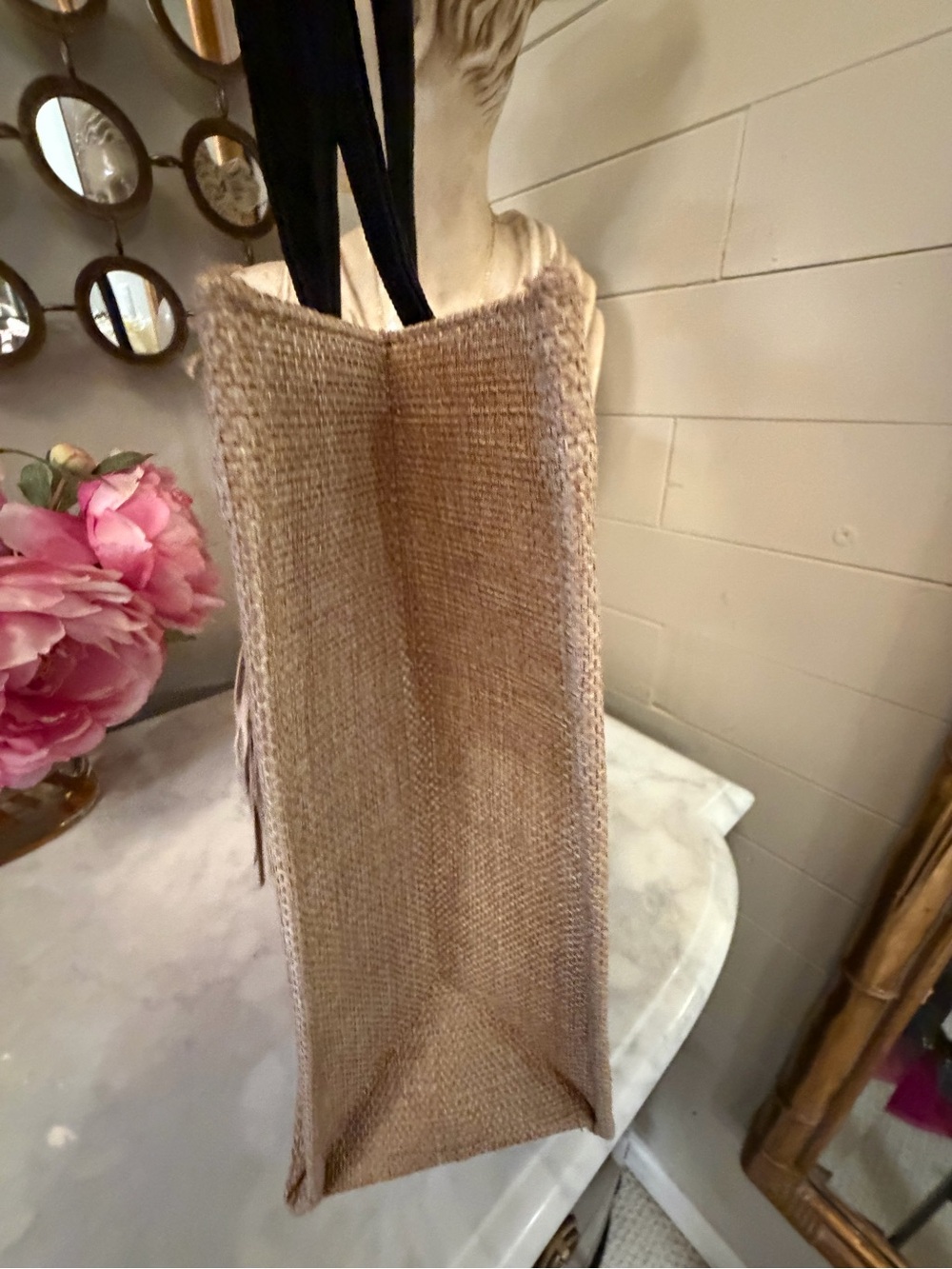 Natural Jute Tote Bag with Black Horse Motif and added leather Tassel NWOT - Picture 8 of 11